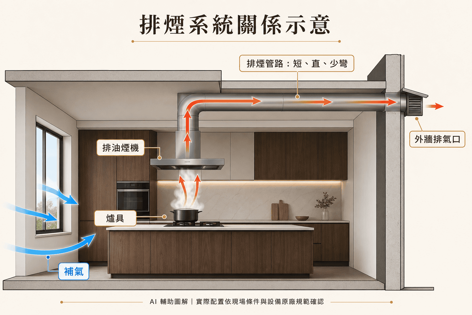 開放式廚房排油煙設備與排煙管路規劃示意