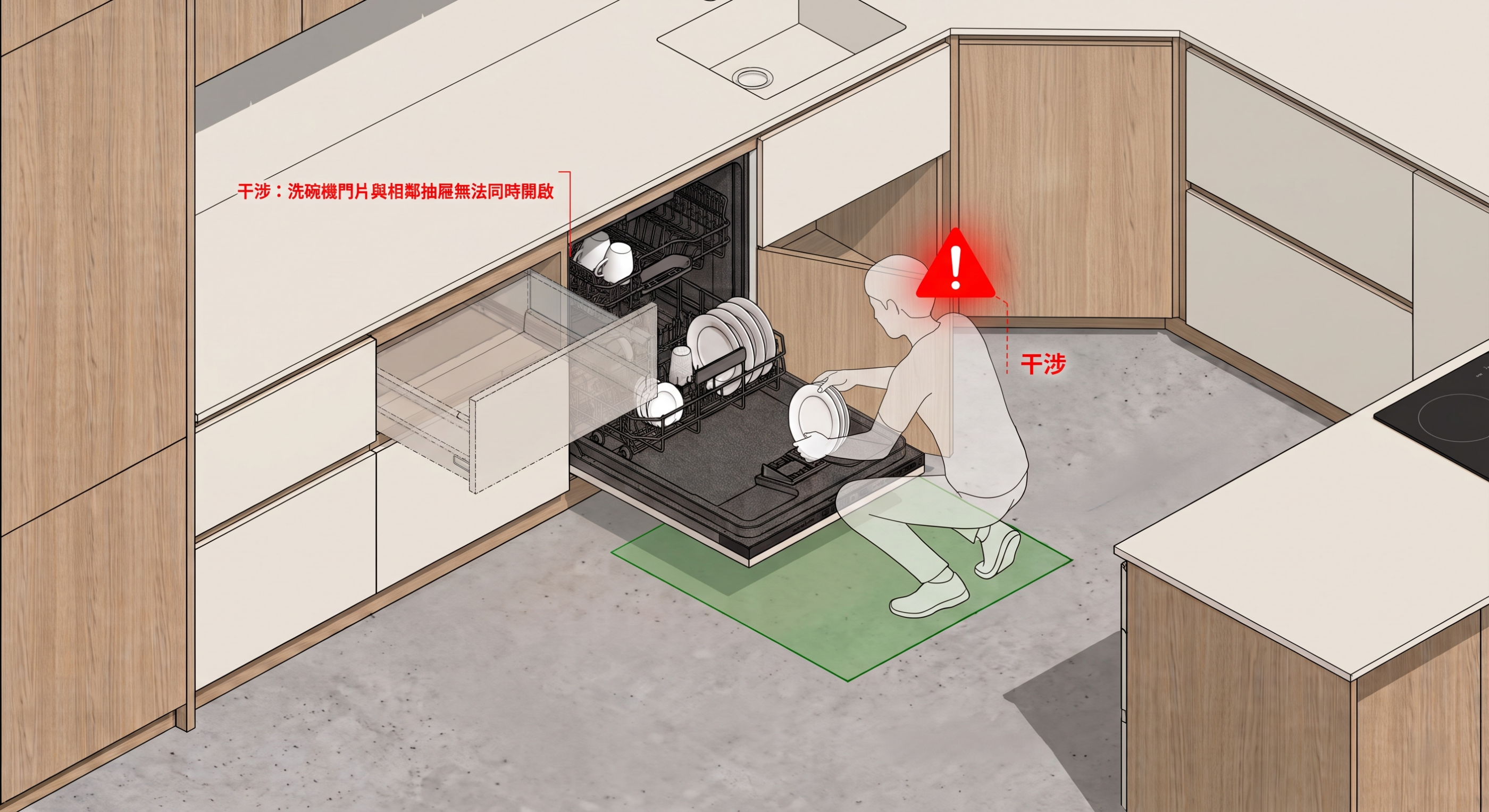 洗碗機開門與相鄰抽屜的干涉檢查